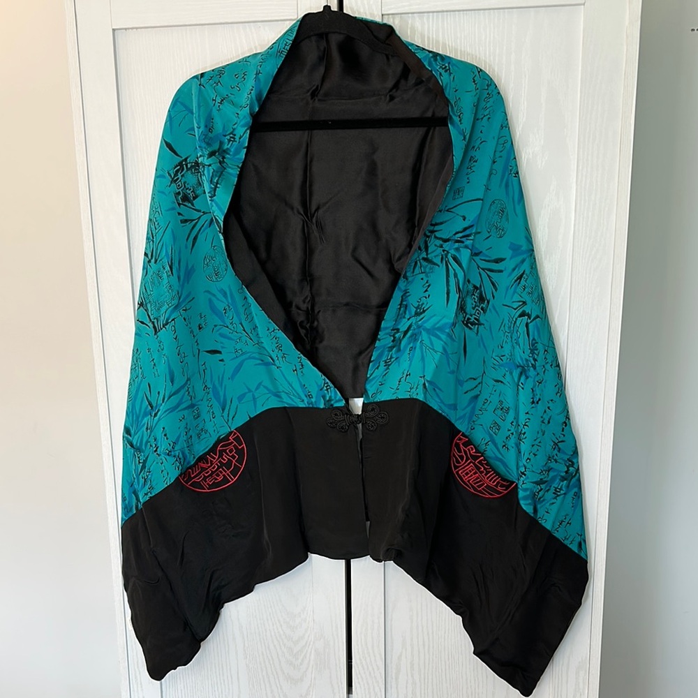 Vintage 90s Chinese Shawl/Wrap Turquoise & Black  w/ Red Embroidery on‎ Pockets